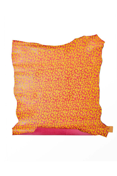 Pelle vivace stampa LEOPARDATA, pellame rosso e giallo motivo animalier, capra morbida per hobbisti