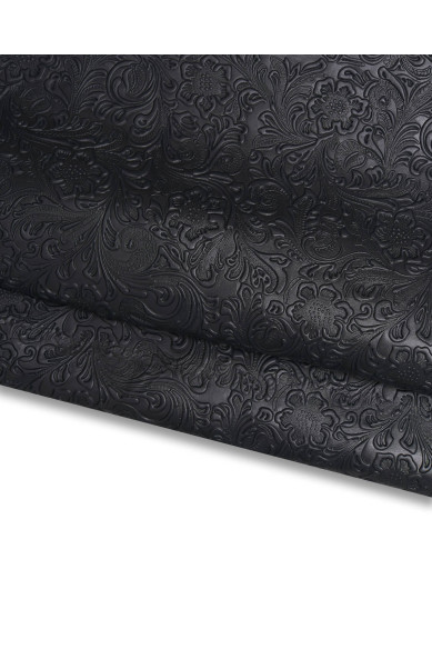 Black/Dark brown FLORAL embossed leather cowhide, charro flower print in relief on calfskin, 0.8 mm