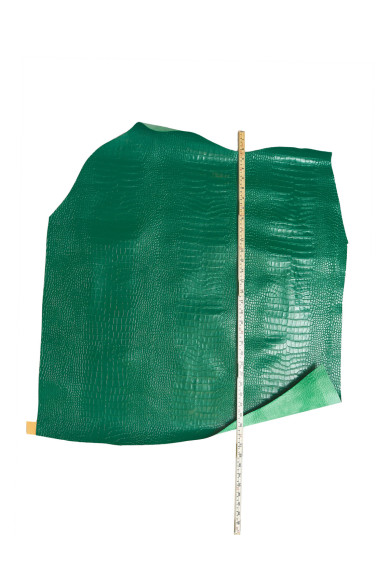 Green CROCODILE embossed leather hide, alligator pattern on glossy calfskin, printed cowhide 0.8 - 0.9 mm