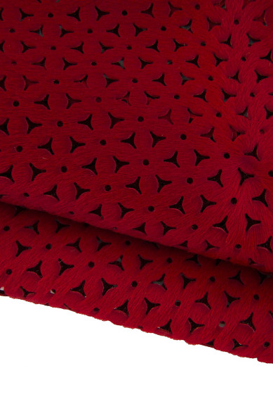 Red PERFORATED hair on leather hide, pierced pony calfskin, soft hairy cowhide for crafting