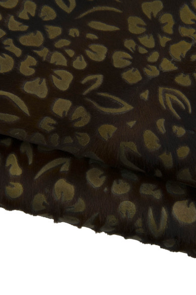 Pelle cavallino FLOREALE marrone beige, vitello pony stampa fiori per il fai da te