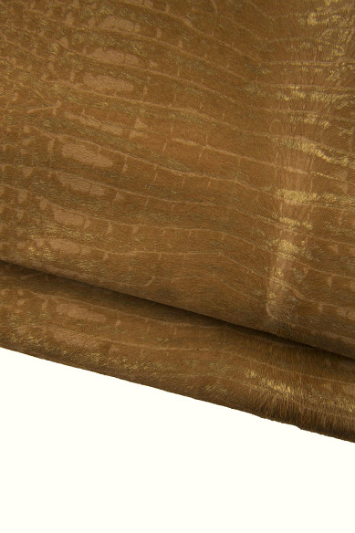 CROCODILE printed hair on leather hide, beige gold metallic animal textured pony calfskin