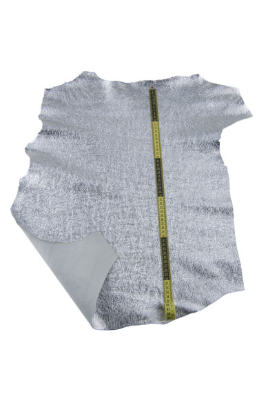 Silver METALLIC leather skin, CRACKLED wrinkled soft goatskin hide, 0.9 - 1.1 mm