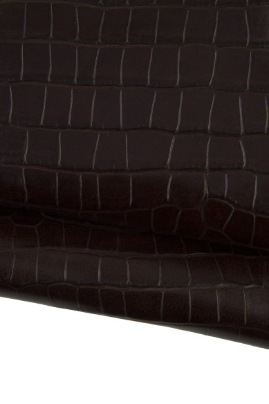 Pelle COCCODRILLO marrone, vitello lucido stampa animalier, pellame morbidezza media 0.9 - 1.0 mm