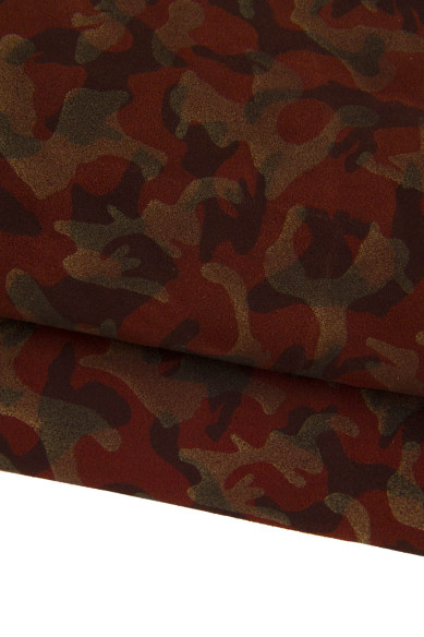 CAMOUFLAGE textured leather hide, bronze brown military print on rust suede split calfskin