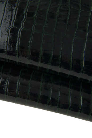 CROCODILE embossed leather hide, green black animal printed patent cowhide, glossy stiff calfskin, 1.0 - 1.1 mm