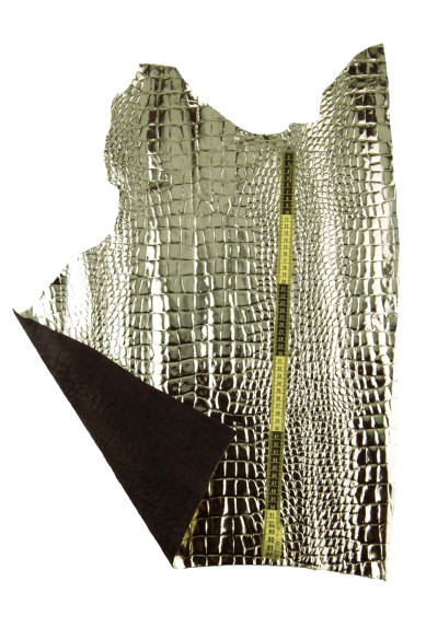 Pelle stampa COCCODRILLO platino, vitello laminato molto morbido, pellame per artigianato