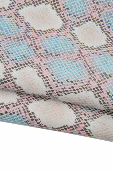2 pelli ABBINATE come da foto, nappa liscia blu, capra stampa pitone rosa celeste