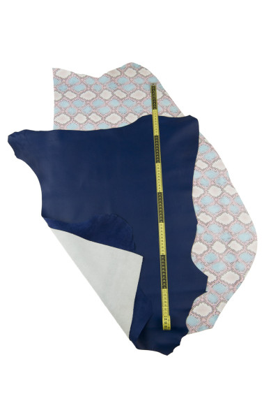 2 pelli ABBINATE come da foto, nappa liscia blu, capra stampa pitone rosa celeste