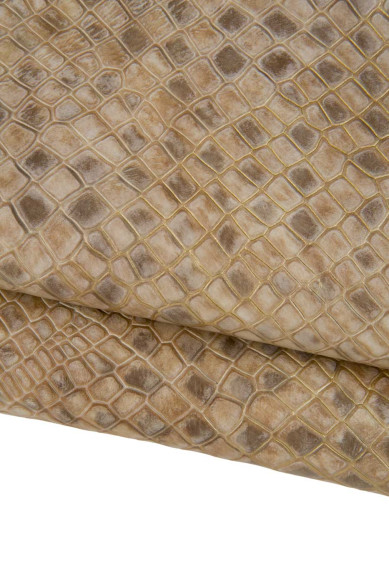 BOUNDLE of 2 gold beige leather hides, pearlized metallic goatskin and crocodile embossed calfskin for crafting