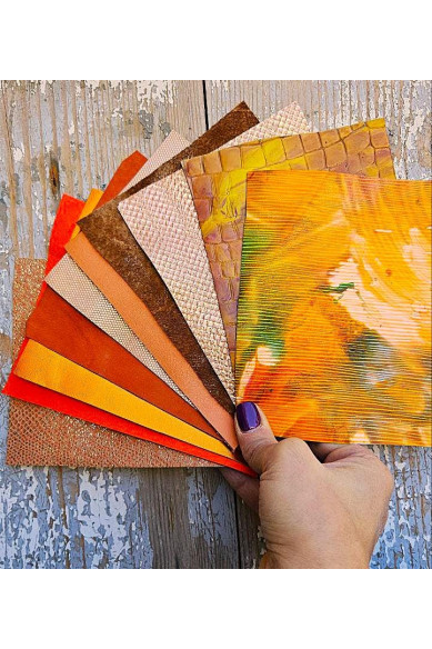 10 Ritagli di pellami unici selezionati, color ARANCIONE, stampe varie,laminate e non, pezzi mix di fantasie come da foto