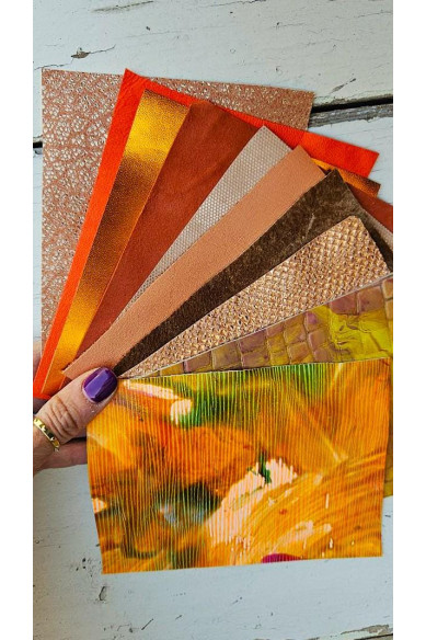 10 Ritagli di pellami unici selezionati, color ARANCIONE, stampe varie,laminate e non, pezzi mix di fantasie come da foto