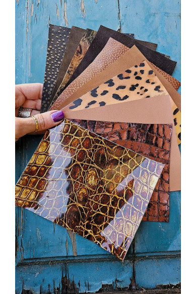 10 Ritagli di pellami unici selezionati, MATTONE e MARRONE, stampe varie, laminate e non, pezzi mix di fantasie come da foto