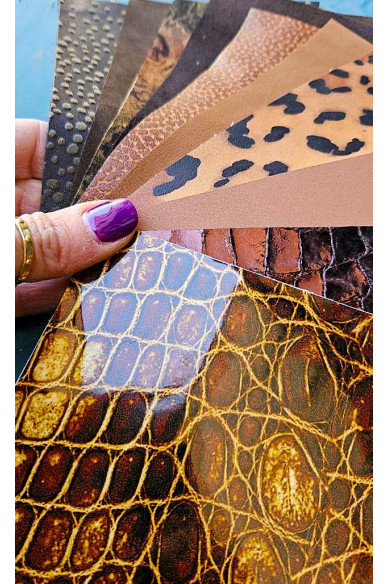 10 Ritagli di pellami unici selezionati, MATTONE e MARRONE, stampe varie, laminate e non, pezzi mix di fantasie come da foto