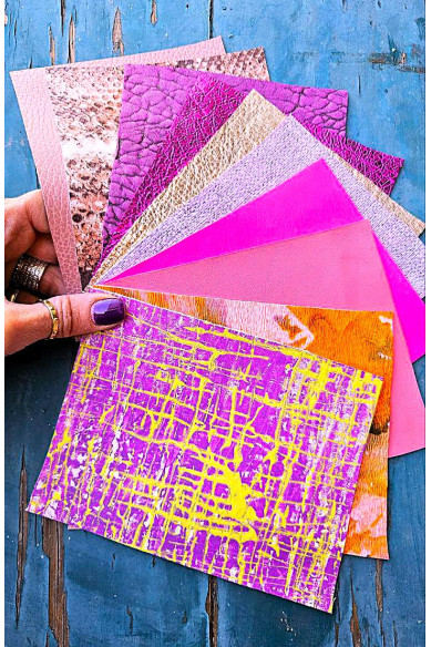 10 Ritagli di pellami unici selezionati, ROSA e FUXIA, stampe varie, laminate e non, pezzi mix di fantasie come da foto