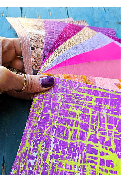 10 Selected leather scraps, PINK and FUCHSIA tones, printed and metalic printed,mix selection leather pieces as per pictures