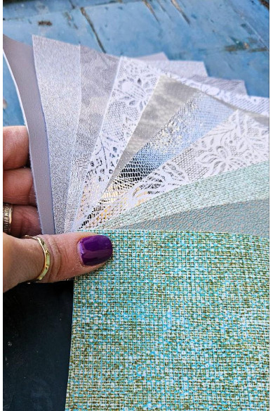 10 Ritagli di pellami unici selezionati, colori e stampe varie, laminate e non, pezzi mix di fantasie come da foto