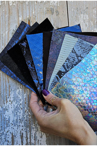 10 Ritagli di pellami unici selezionati, toni del BLU ,stampe varie, laminate e non, pezzi mix di fantasie come da foto