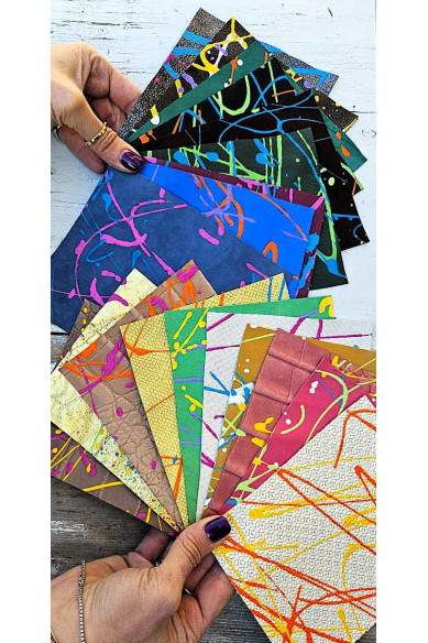 10 Leather scraps, painted BY HAND multicolor tones, random selection , remnants selected from the colors of the photos