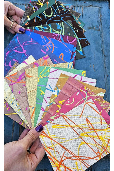 10 Leather scraps, painted BY HAND multicolor tones, random selection , remnants selected from the colors of the photos