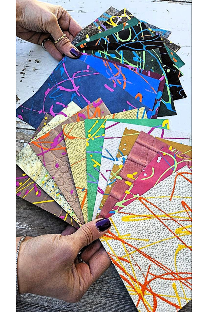 10 Leather scraps, painted BY HAND...