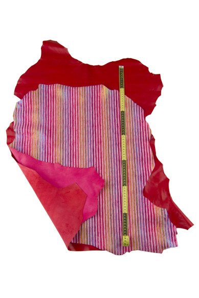 Bundle of 2 MATCHING skins, red smooth goatskin and iridescent metallic multicolor striped suede hide