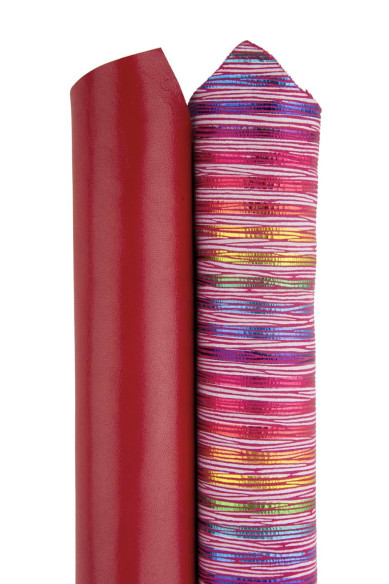 Bundle of 2 MATCHING skins, red smooth goatskin and iridescent metallic multicolor striped suede hide