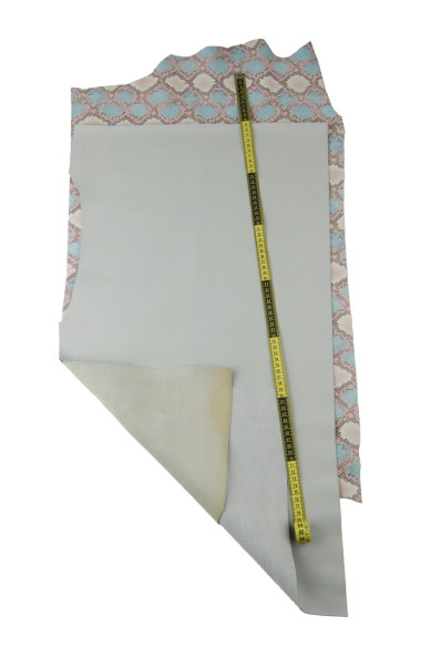 2 COMBINED leather skins, 1 grey smooth cowhide and 1 reptile python printed goatskin