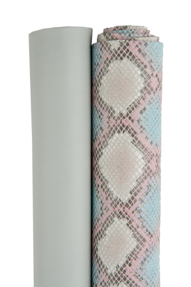 2 COMBINED leather skins, 1 grey smooth cowhide and 1 reptile python printed goatskin