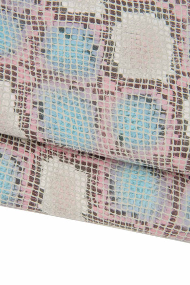 2 COMBINED leather skins, 1 grey smooth cowhide and 1 reptile python printed goatskin