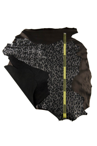 SET of 2 black steelmetal leather skins, smooth nappa sheepskin and leopard printed goatskin, for hobbyists