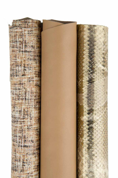 3 pelli ASSORTITE beige oro, 1 vitello liscio e 2 pelli laminate stampate come da foto