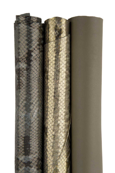 LOTTO di 3 pellami grigio fango oro, vitello liscio e capre laminate stampa rettile pitone