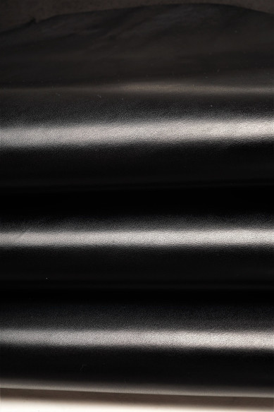 BLACK glossy leather hide, smooth brush-off calfskin, Italian cowhide, slightly firm, for DIY objects  B17924-TB