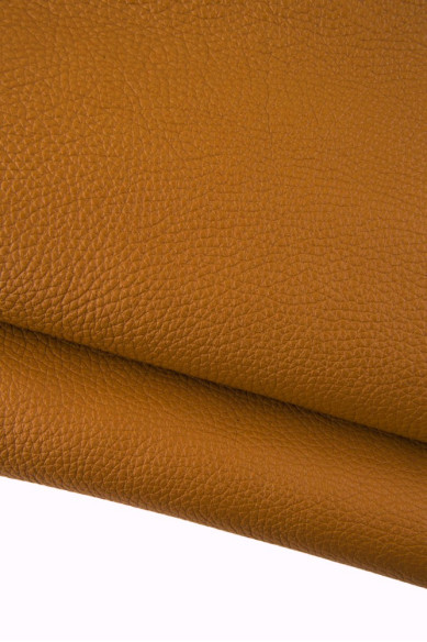 Tan PEBBLE grain printed cowhide, sporty embossed leather hide, brown genuine italian soft semi glossy calfskin, 1.5 - 1.7 mm
