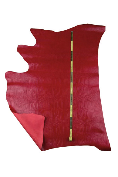 Red CROCODILE embossed leather hide, glossy animal printed cowhide, quite stiff, ideal for bags