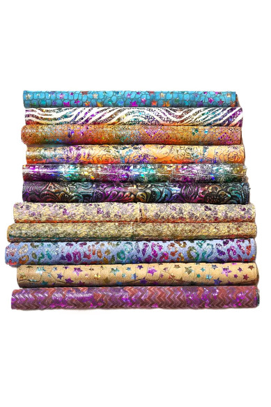 HOLOGRAPHIC Leather scraps in assorted colors, 10 random various prints and tones 6x5"/15x12 cm and 10x8"/25x20 cm