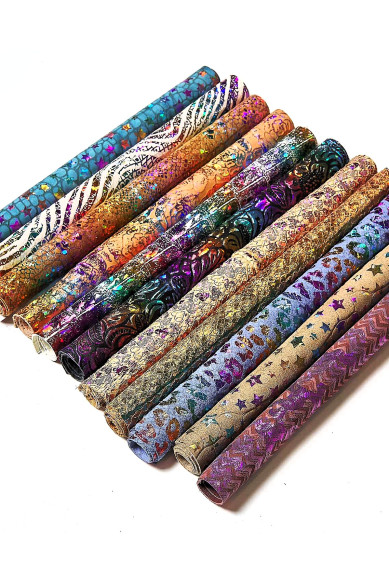HOLOGRAPHIC Leather scraps in assorted colors, 10 random various prints and tones 6x5"/15x12 cm and 10x8"/25x20 cm