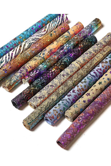 HOLOGRAPHIC Leather scraps in assorted colors, 10 random various prints and tones 6x5"/15x12 cm and 10x8"/25x20 cm