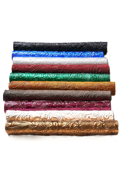 CHARRO embossed leather scraps in assorted colors, 10 random printed metallic and not tones  10x8" / 25x20 cm