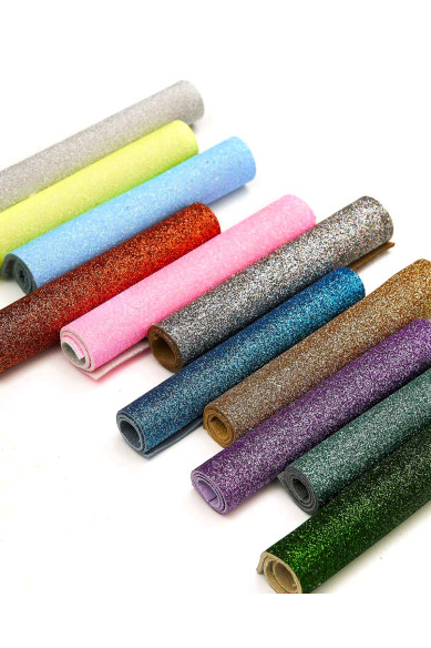 10 Ritagli di pelle stampa GLITTER, selezione casuale di scampoli LISCI in diversi colori in tinta unita  15x12 cm
