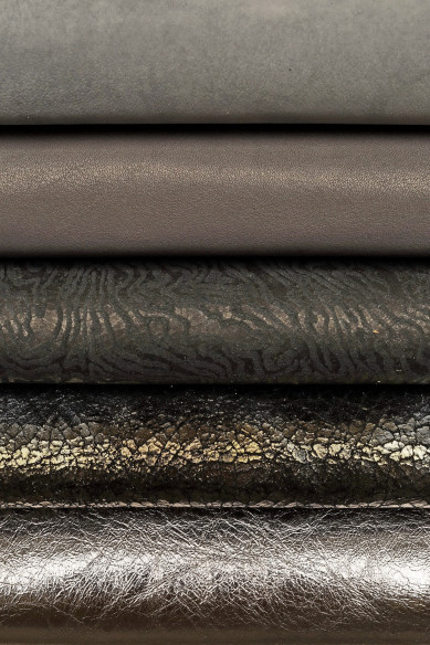 Stock of 10 RANDOM GREY, steel, gunmetal full leather hides, bundle of matching skins, smooth metallic textured skin B14831-ST