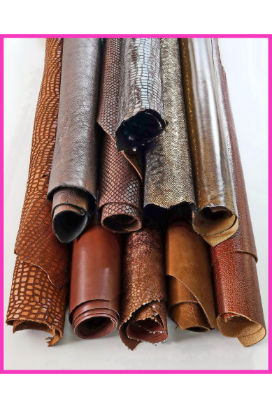 Lotto di 10 PELLI intere CASUALI tono marrone, testa di moro, cuoio, stock pellami lisci laminati, stampati abbinati B14839-ST