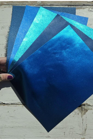 5 Selected leather scraps, solid color, BLUE, finishing various, selection leather pieces as per pictures 8x10" / 20x25 cm