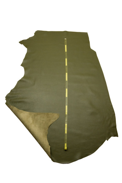 Olive green leather hide, PEBBLE GRAIN printed cowhide, soft calfskin for crafting, 1.3 - 1.5 mm