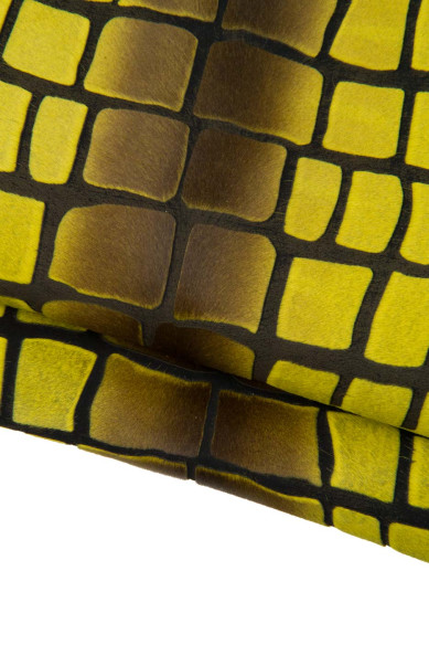 Pelle CAVALLINO giallo acido stampa maxi COCCODRILLO, pellame vitello effetto pony
