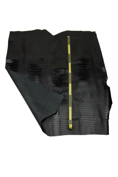 Pelle COCCODRILLO nero, vitello LUCIDO stampa coco, pellame per fai da te, morbidezza media