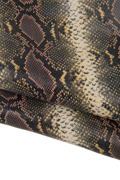 PYTHON textured leather skin, brown yellow SNAKE printed goatskin, animal reptile pattern on soft hide
