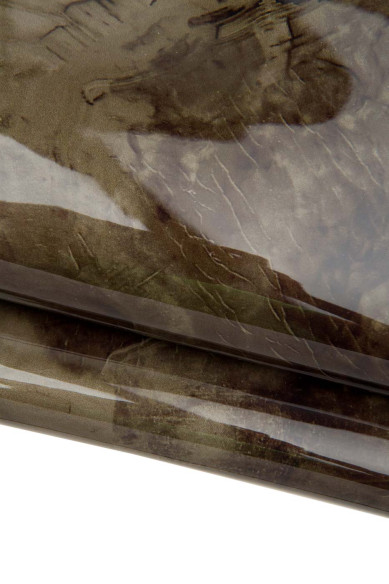 Mud brown PATENT cowhide, glossy LACQUERED leather hide, abstract print on calfskin, medium softness