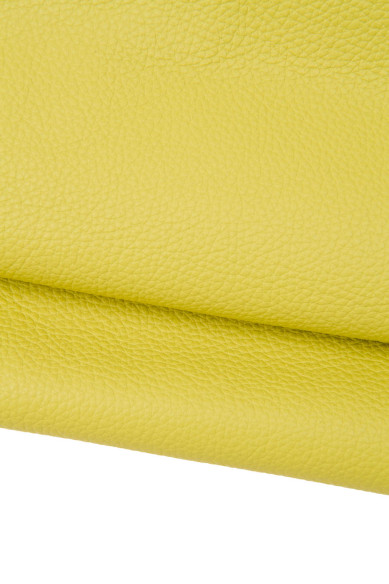 Greenish yellow grainy leather hide, PEBBLE GRAIN printed cowhide, soft embossed calfskin for crafting